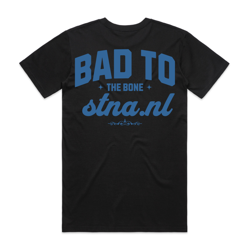 Bad to the bone typograhy, back location on black tshirt