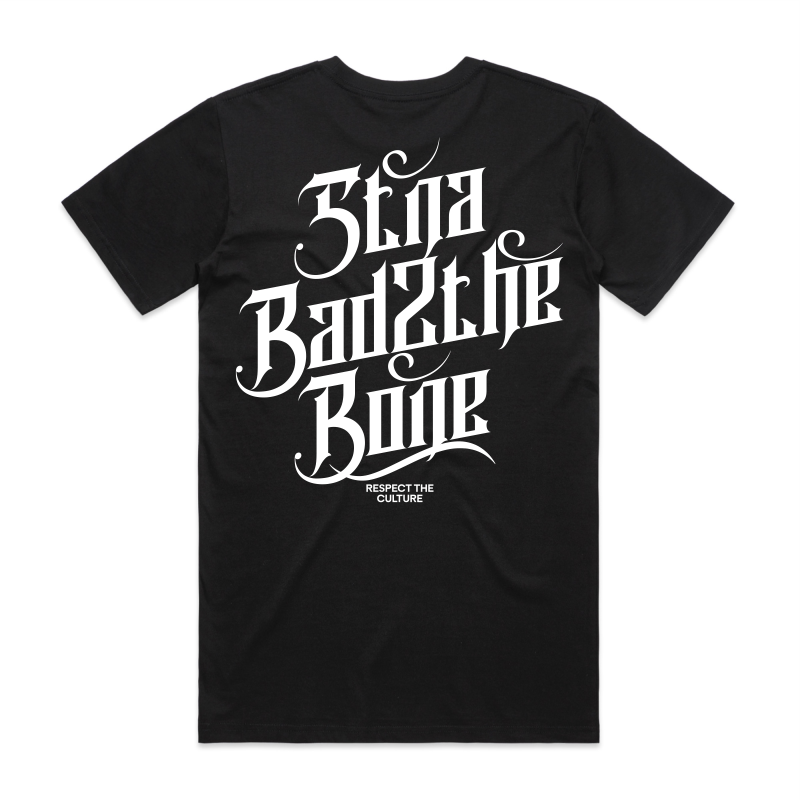 typography, back location on black tshirt white font