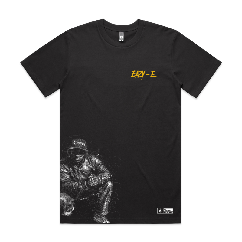 Eazy e font and image printed, front mock up on black tshirt