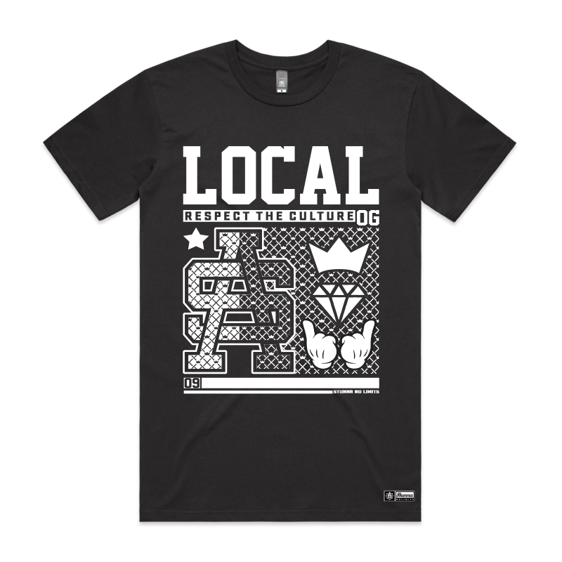 Local SA - respect the culture, front location on black tshirt white print