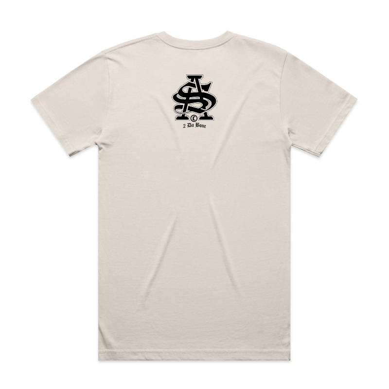 SA A5 size print, gangster inspired font on the back of bone AS Colour block tshirt