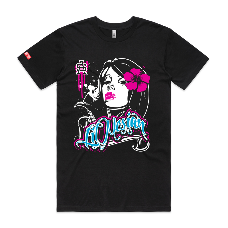 Lil nesian - female with a hibiscus. SA logo on black tshirt