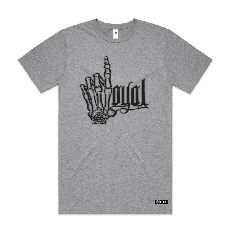 loyal SA, mixed image and font with skeleton hands, gangster inspired, black coloured print on grey urban collab 7xl