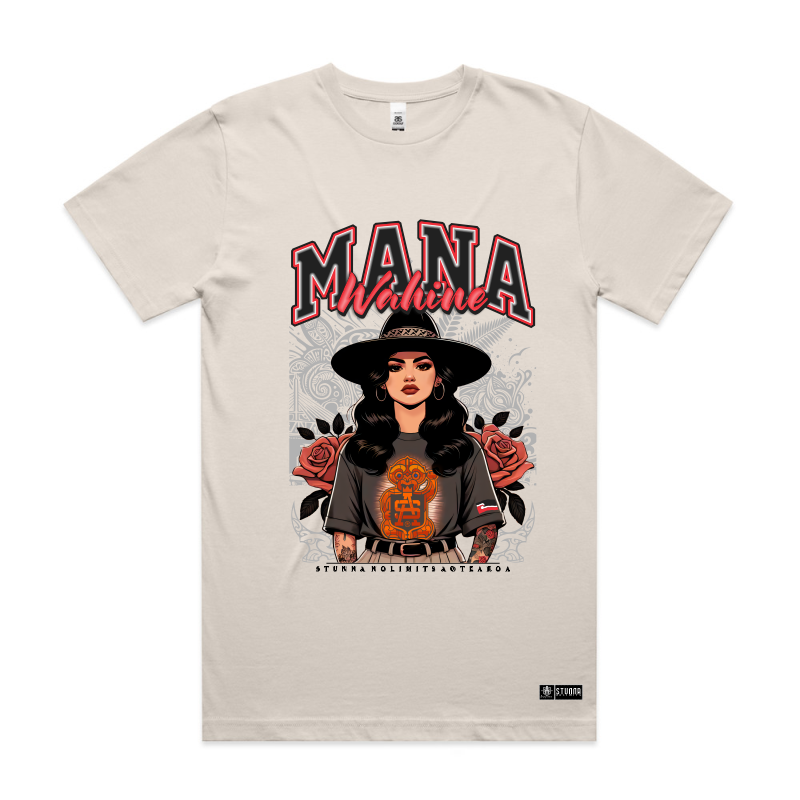 Front mockup, Mana wahine on bone tshirt, image of a mana wahine standing strong, Māori inspired patterns, roses, SA logo incorporated.