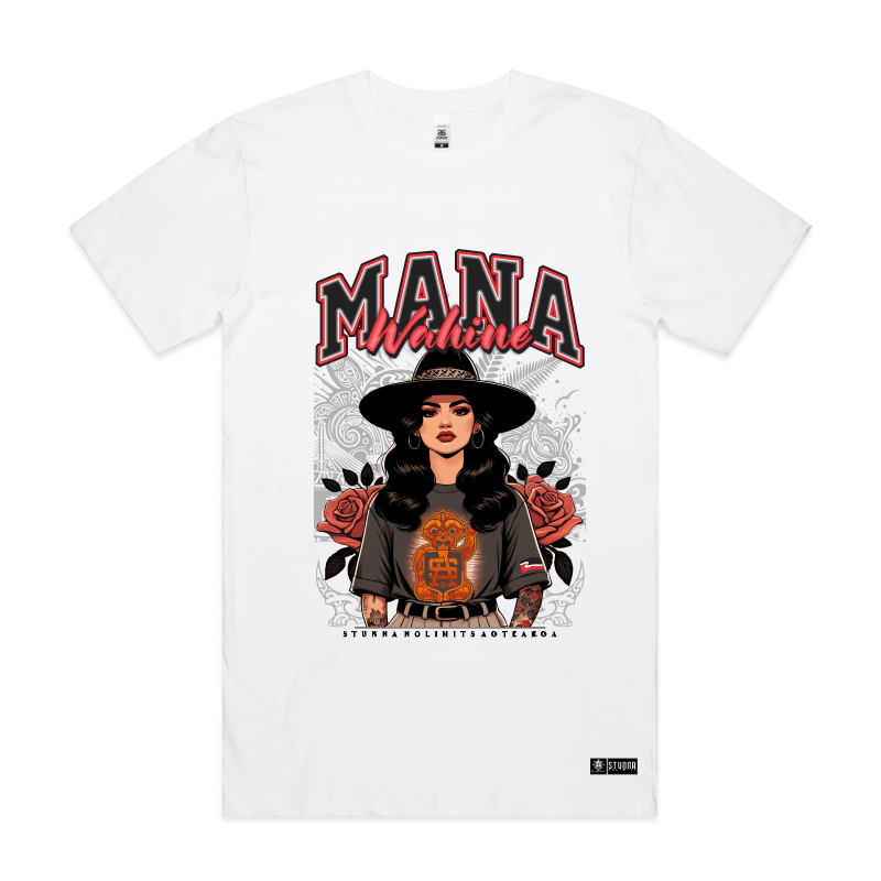 Front mockup, Mana wahine on white tshirt, image of a mana wahine standing strong, Māori inspired patterns, roses, SA logo incorporated. Sizes from 4XL to 7XL