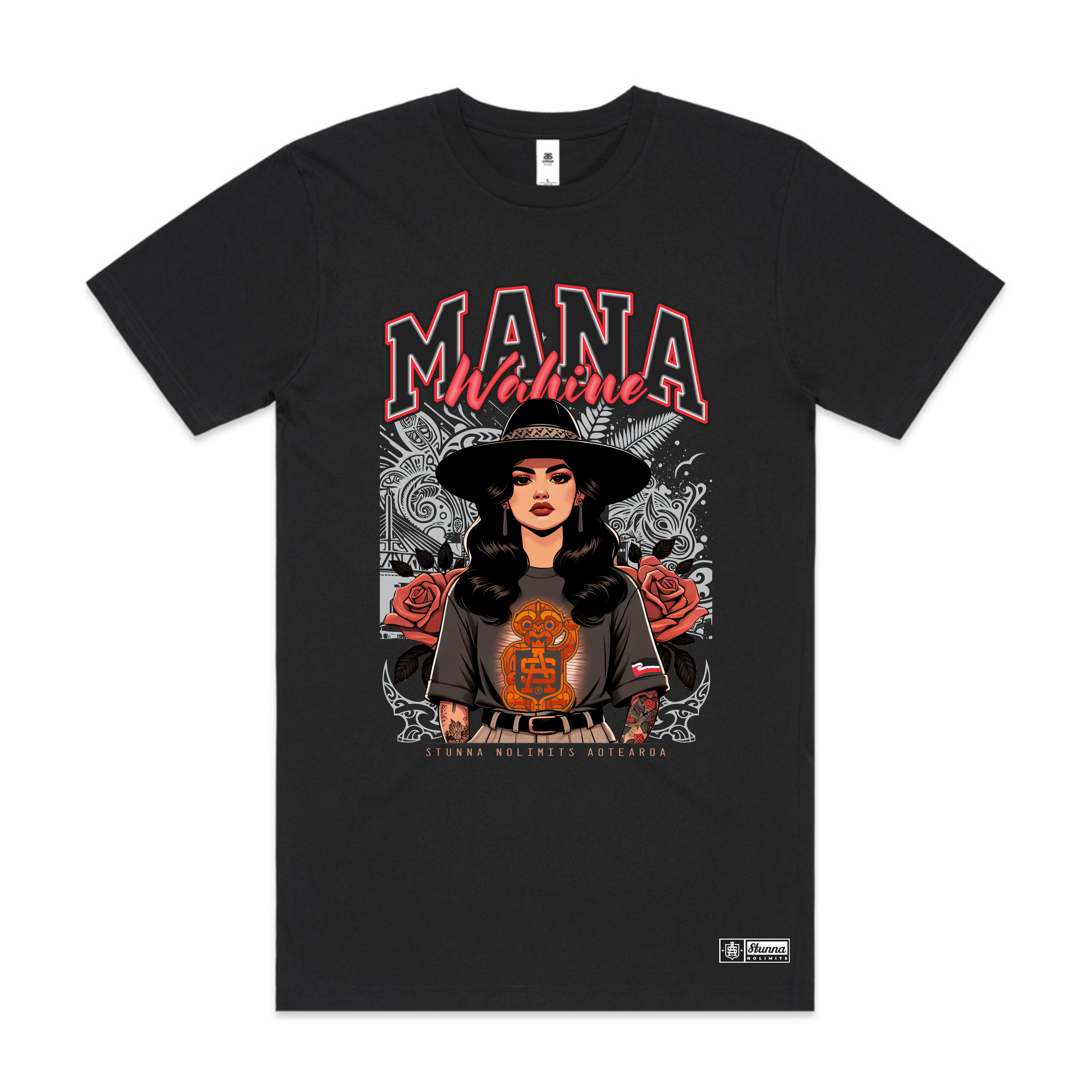Mana wahine image tshirt Aotearoa on a black tshirt