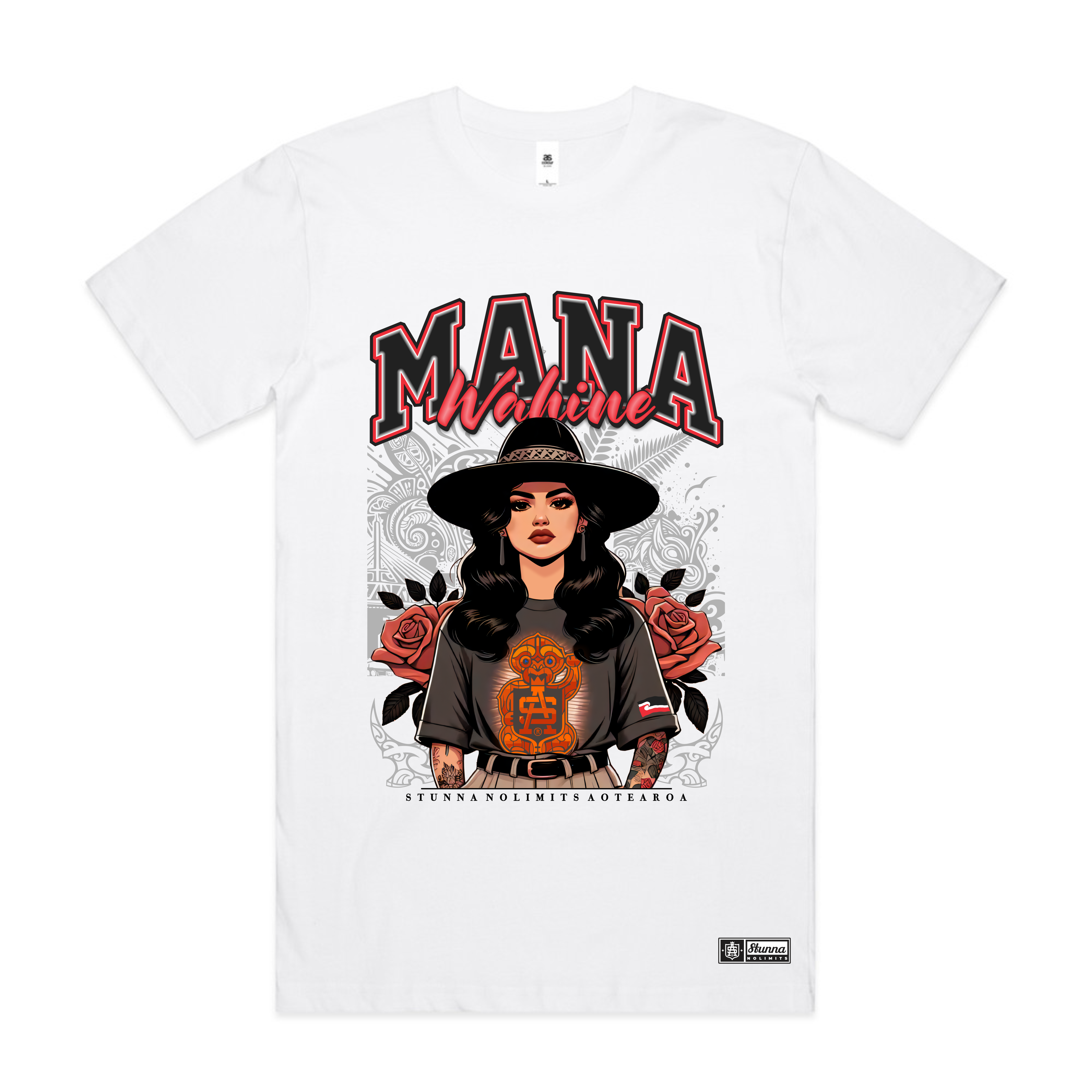 Mana wahine native image tshirt on a white tshirt
