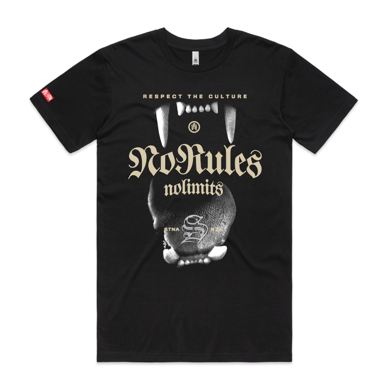 No rules no limits, front location on black tshirt