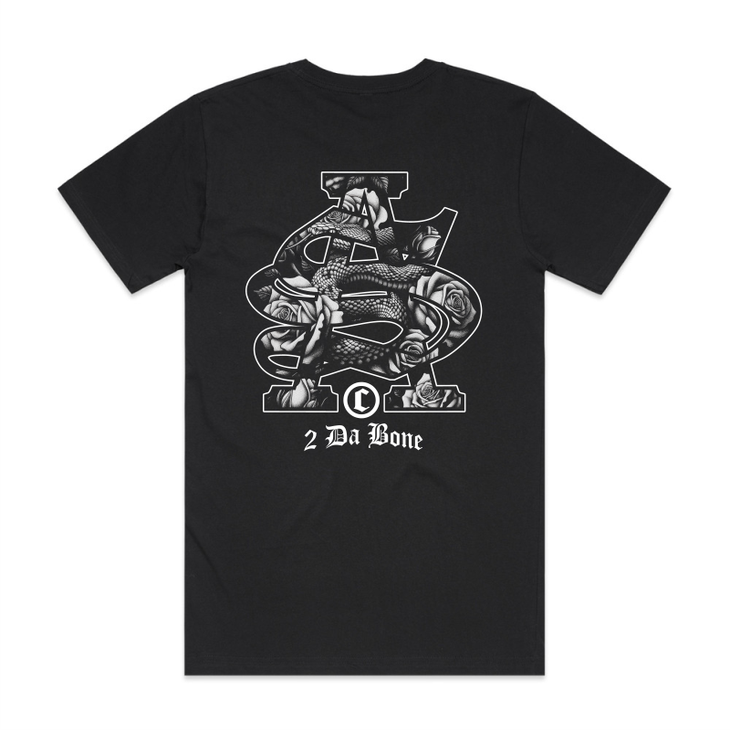Back print of large SA, snakes & roses inside patterns and white coloured print on black AS Colour block tshirt and urban collab 7xl