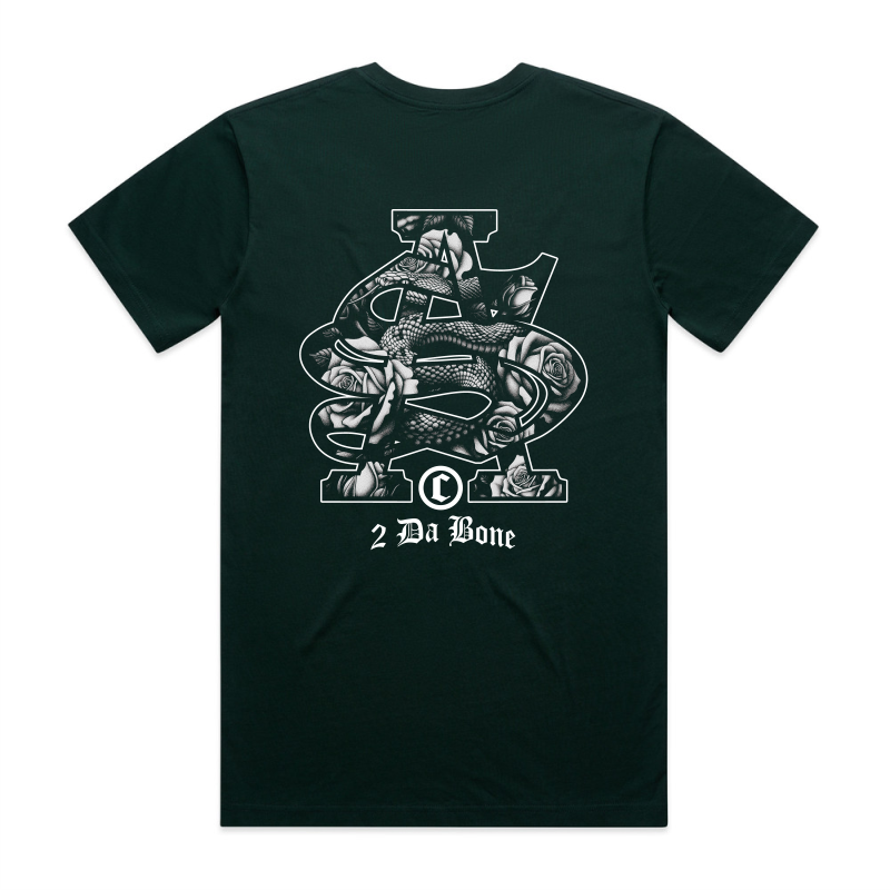 Large SA on the back, snakes & roses inside patterns, white coloured print on pine green AS Colour block t-shirt