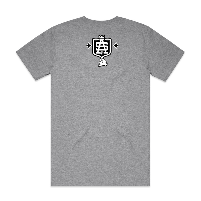SA Shield, mid size on the back of tee, white and black print on grey tshirt