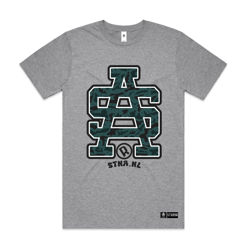 Front mockup, SA logo, inside camo patterns, main print colour- dark green, printed on grey AS Colour block tshirt and urban collab 7xl