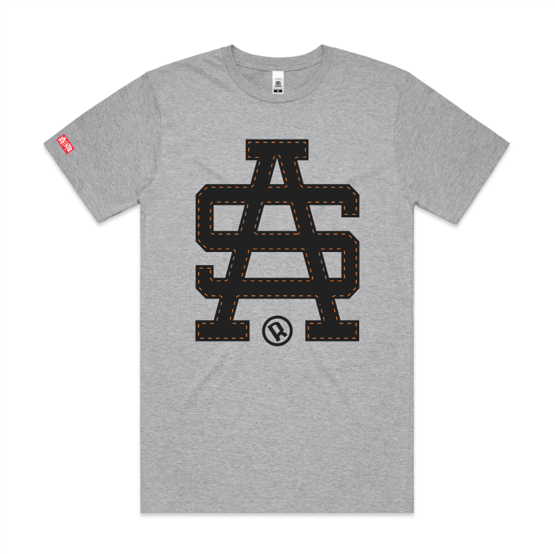 SA black stitch, front location on grey tshirt