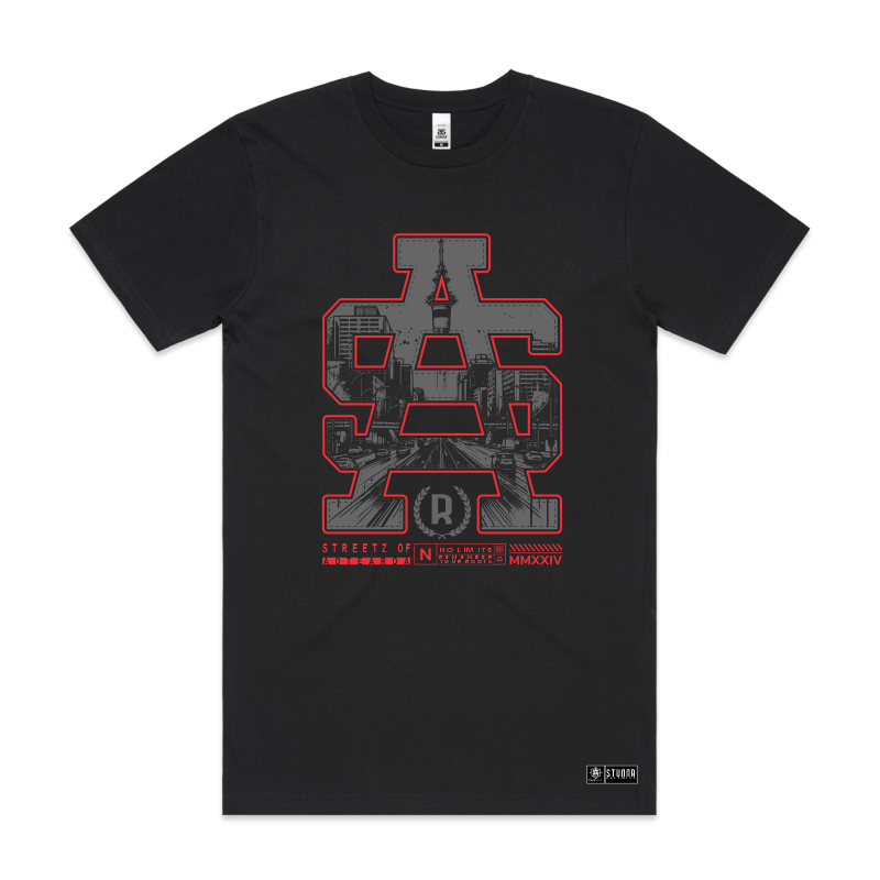 Front mockup image, SA logo with inside design of Aotearoa streets inspired and Auckland Sky tower on black premium quality tshirts. Stunna tag on bottom left. Screen printed image. Available only for 7XL