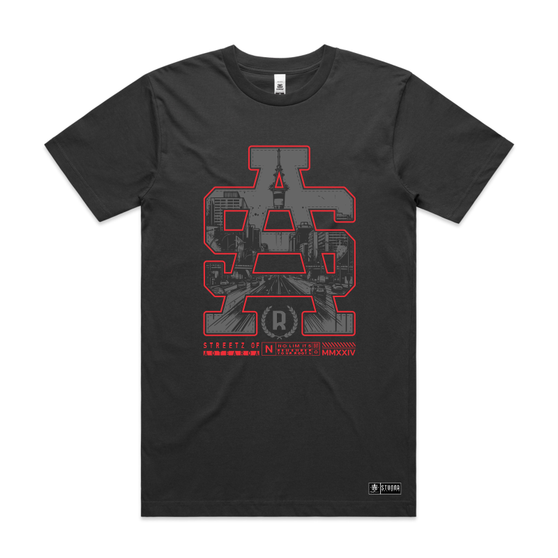 Front mockup image, SA logo with inside design of Aotearoa inspired and Auckland Sky tower on coal premium quality tshirts. Stunna tag on bottom left. Screen printed image