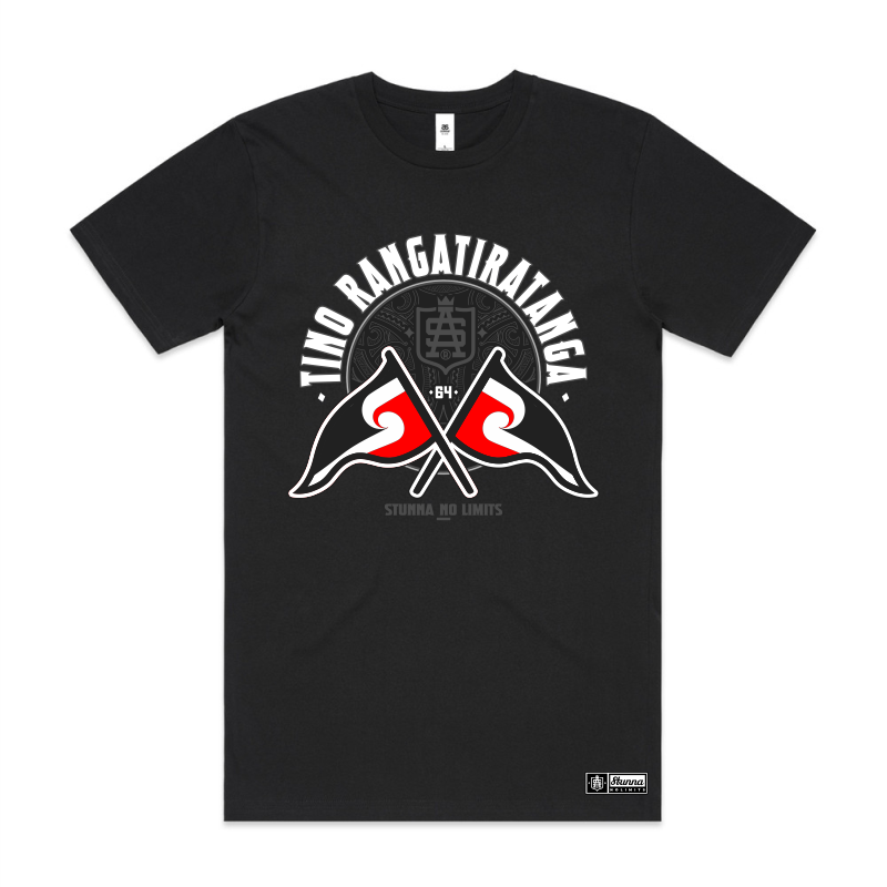 Black t-shirt with tino rangatiratanga flag white text and graphics on a white background
