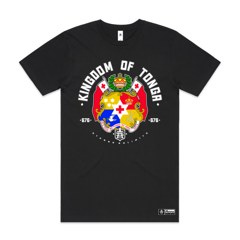Black t-shirt with Kingdom of Tonga design on a white background