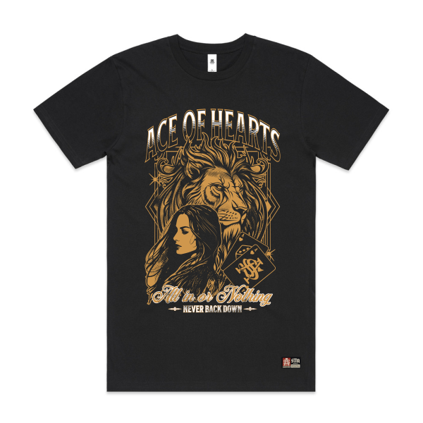 Black t-shirt with gold graphic design featuring a lion and a woman's face, with text 'Ace of Hearts' and 'Never Back Down'.