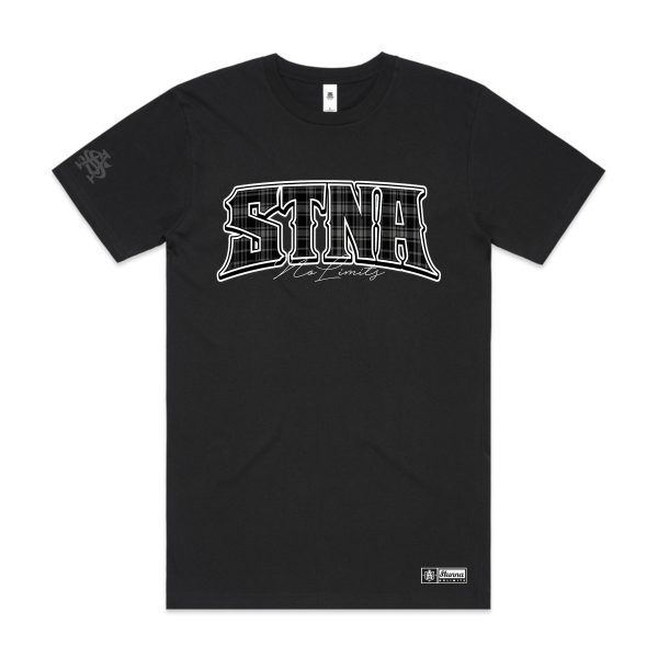 Black tshirt with STNA NoLimits in large text with plaid infill, SA logo on right side sleeve