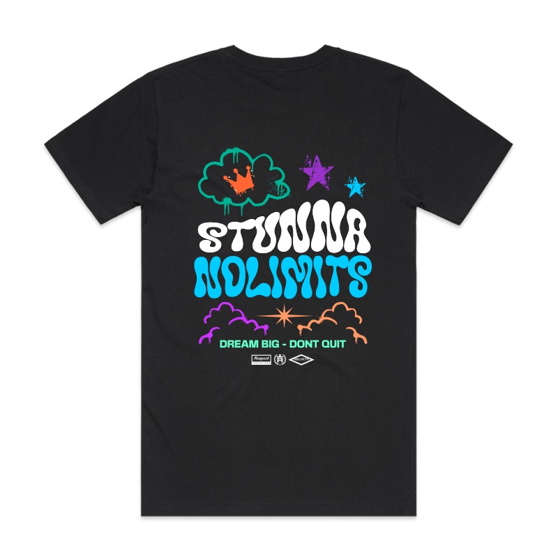 Stunna Nolimits dream big - dont quit typo design multi coloured print on black AS Colour block tshirt and urban collab 7xl