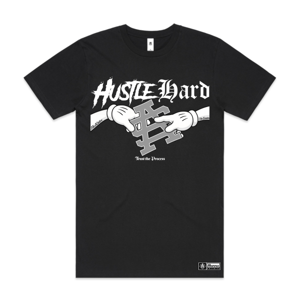 hustle hard artwork with SA logo on black tshirt