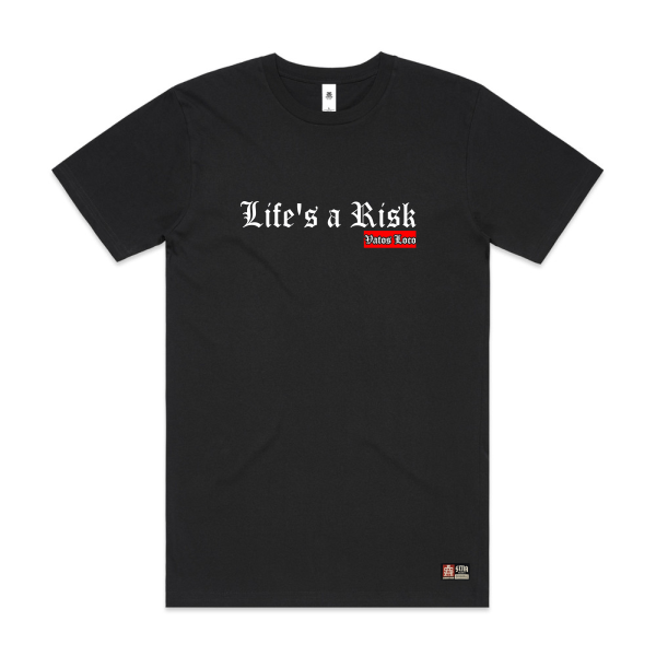 Black t-shirt with 'Life's a Risk' text on a white background