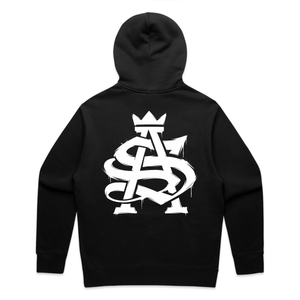 Black relax hood with large SA logo on back location white print