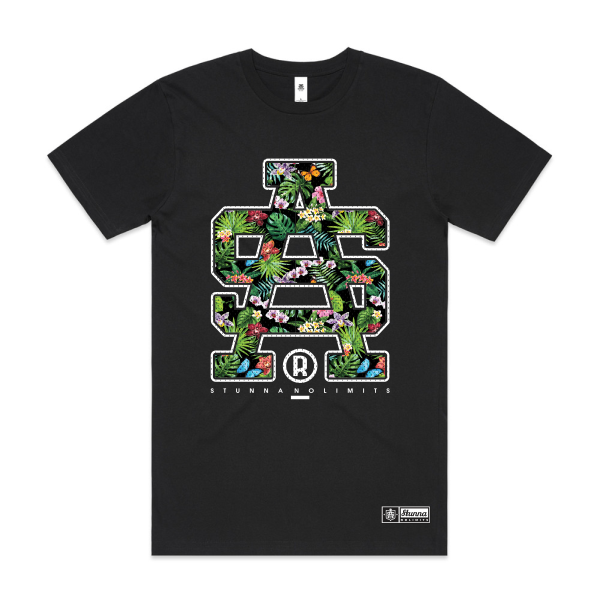 Black t-shirt with floral letter design on a white background