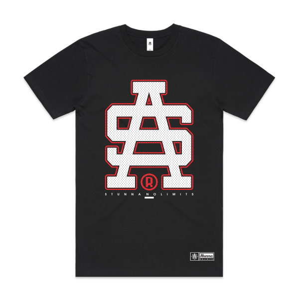 Black t-shirt with red and white logo on a white background