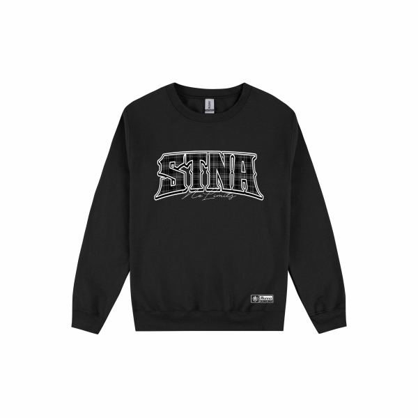 black crew with STNA NoLimits text, Cholo inspired plaid pattern infill