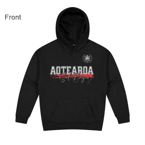Black hoodie with Aotearoa text on black hood front location