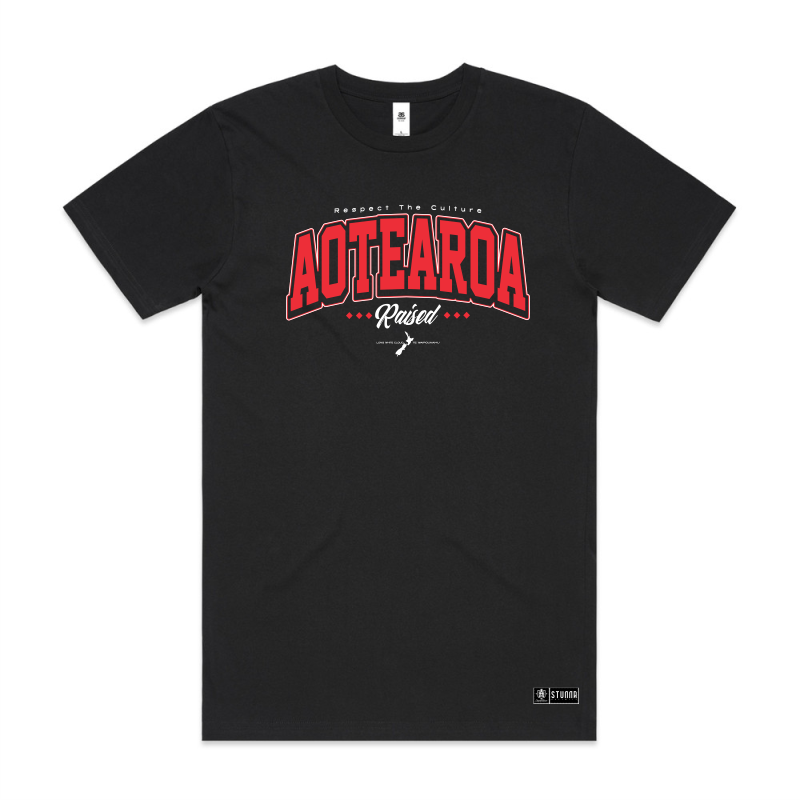 typo design, respect the culture, Aotearoa raised, with small icon of Aotearoa map, red and white coloured print on black AS Colour block tshirt and urban collab 7xl