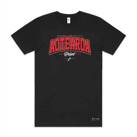 typo design, respect the culture, Aotearoa raised, with small icon of Aotearoa map, red and white coloured print on black AS Colour block tshirt and urban collab 7xl