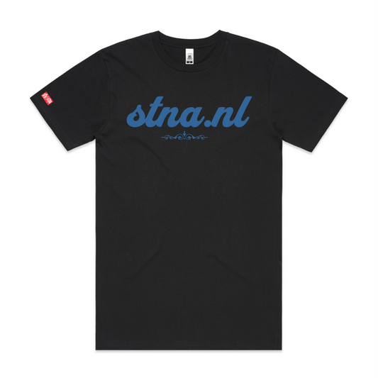 Front location- typography stna.nl blue colour font on black tshirt