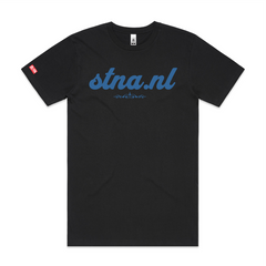 Front location- typography stna.nl blue colour font on black tshirt