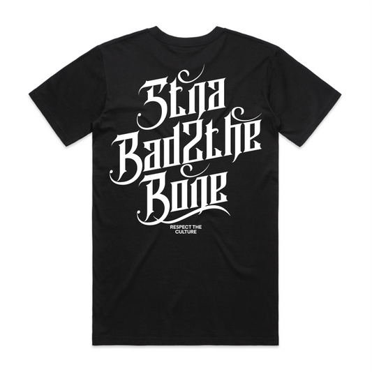 typography, back location on black tshirt white font
