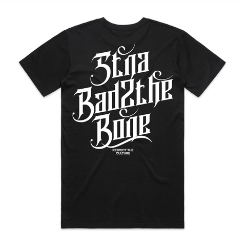 typography, back location on black tshirt white font