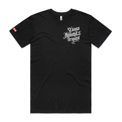 Typoarohy logo size on front of black tshirt