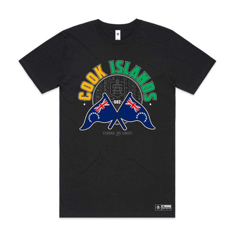Black t-shirt with 'Cook Islands' text and flag design on a white background
