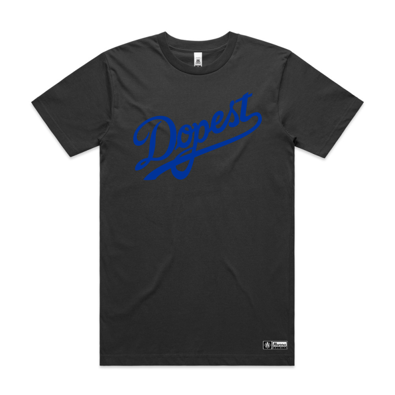 Dopest in blue print front location on coal tshirts