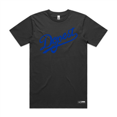 Dopest in blue print front location on coal tshirts
