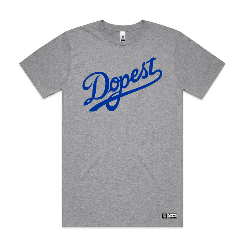 Dopest blue print front location on grey tshirt