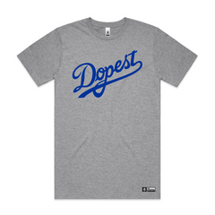 Dopest blue print front location on grey tshirt