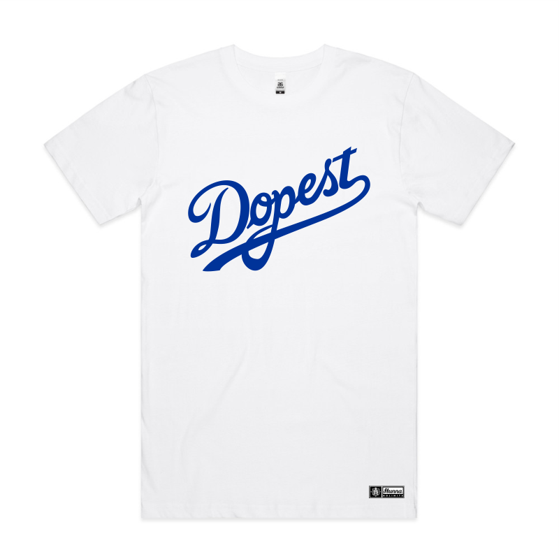 Dopest blue print, front location on white tshirt