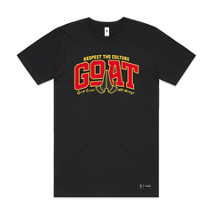 Typo design, Respect the culture, GOAT font, God over all things, red and yellow coloured print on black urban collab 7XL size