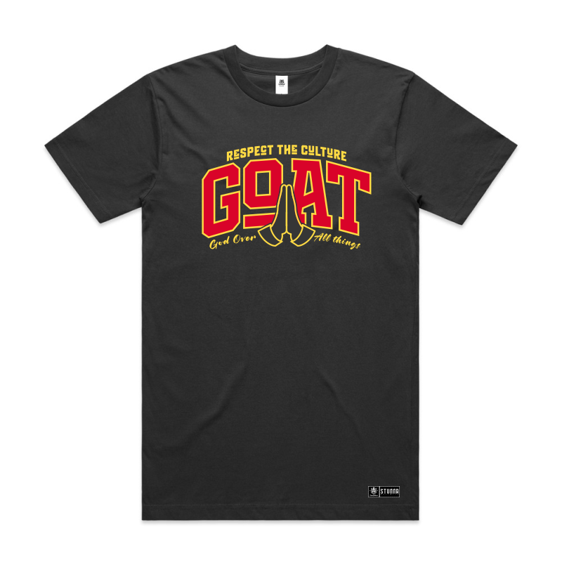 Typo design, Respect the culture, GOAT font, God over all things, red and yellow coloured print on coal Mixed image and font design, Mickey mouse on a lowrider bike, Aotearoa steets, multi coloured print on black AS Colour block tshirt 