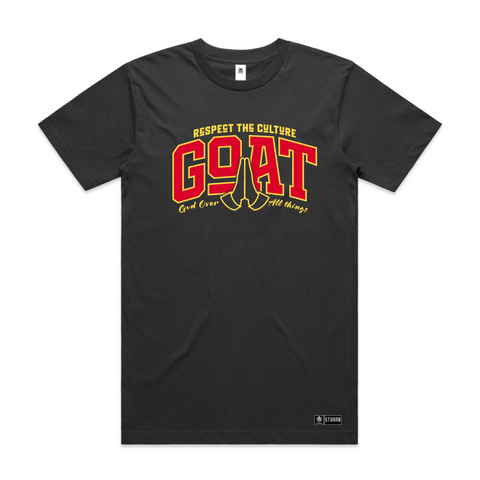 Typo design, Respect the culture, GOAT font, God over all things, red and yellow coloured print on coal Mixed image and font design, Mickey mouse on a lowrider bike, Aotearoa steets, multi coloured print on black AS Colour block tshirt 