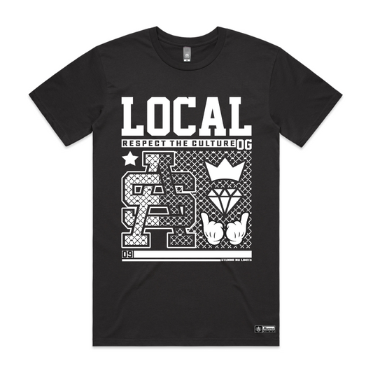 Local SA - respect the culture, front location on black tshirt white print