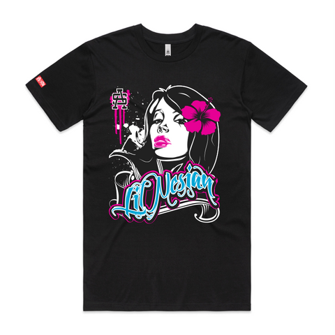 Lil nesian - female with a hibiscus. SA logo on black tshirt