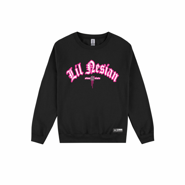 Lil Nesian with SA Logo in pink and white text on black crewneck